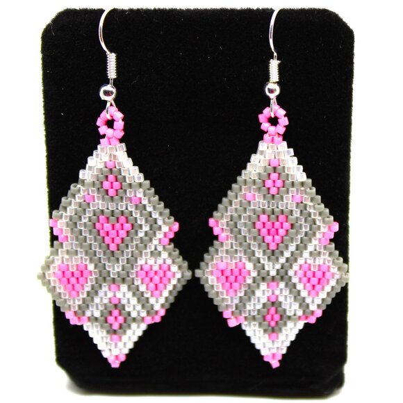 Handmade Beaded Heart Dangle Earrings - Picture 2 of 3